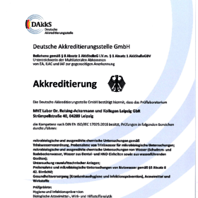 Akkreditierungsurkunde Hygiene / Trinkwasser nach DIN EN ISO 17025